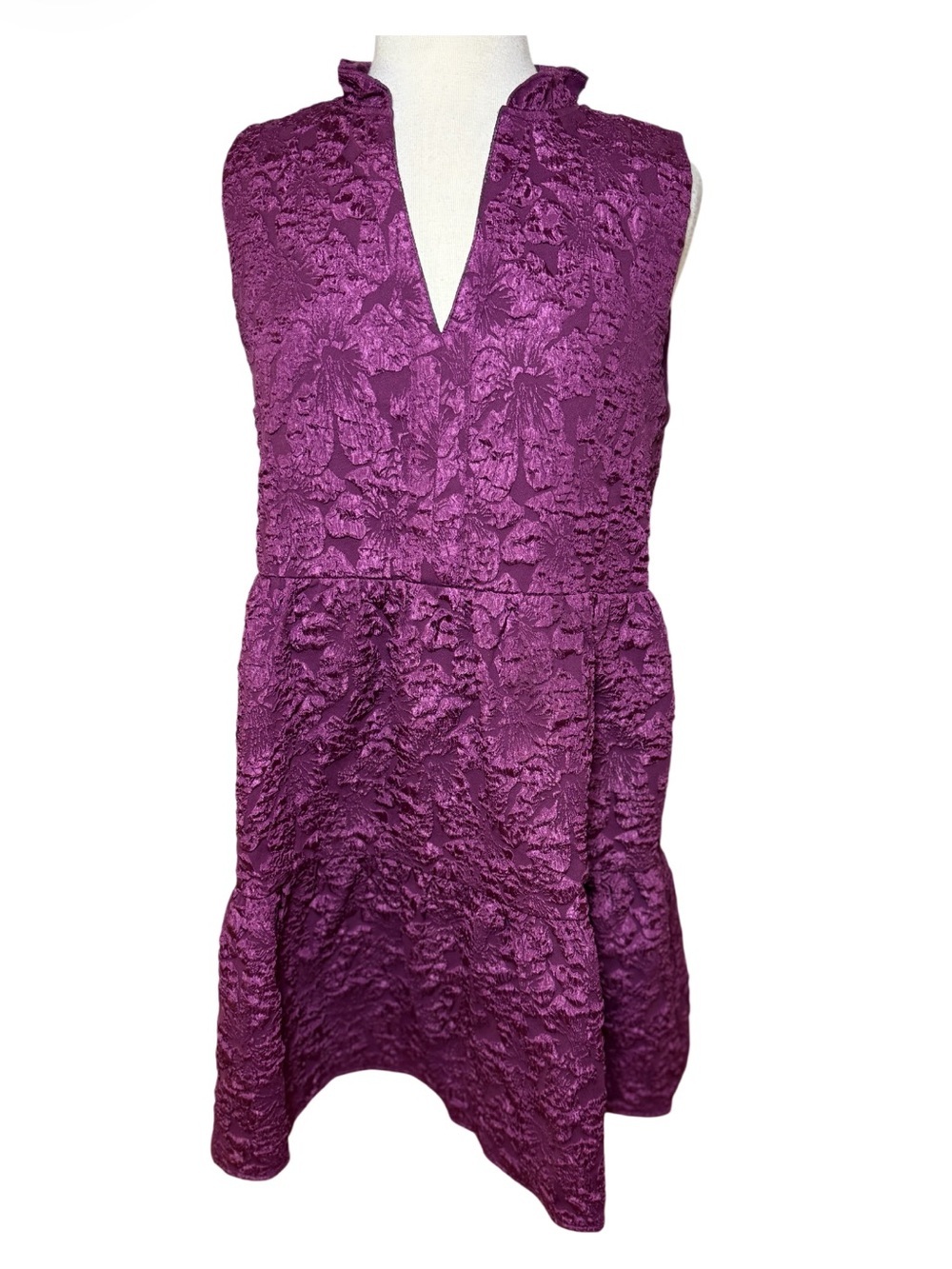 THML Textured Purple V-Neck Sleeveless Ruffled Dress-Size M
